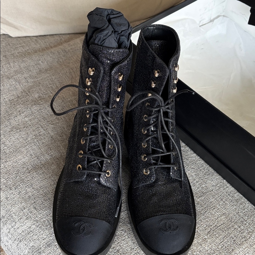 CHANEL Shimmering Black Combat Boots